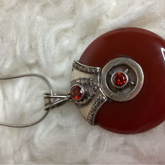 Sterling Silver Carnelian Donut Pendant Necklace Red Stone - Picture 6 of 9
